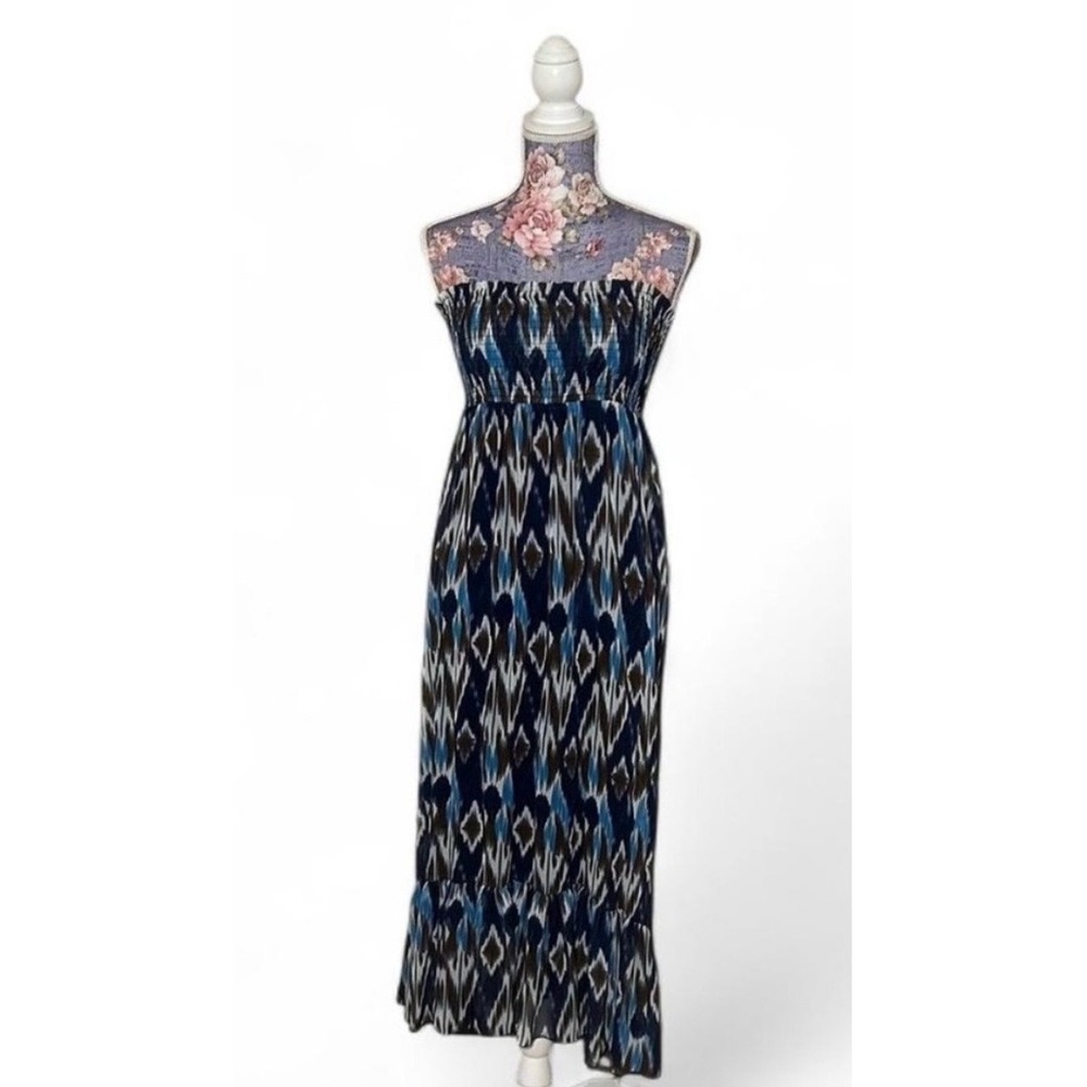 Arden B Womens Navy Blue Ikat Geometric Smocked Ruffle Hem Maxi Dress Size XS